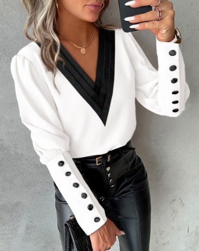 Autumn Fashion V-neck Solid Color Long Sleeve Button Ladies Shirt Blouse product view 2