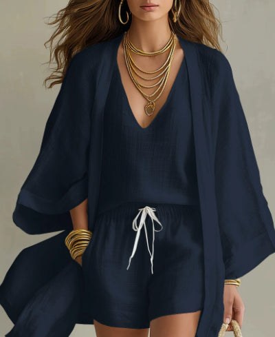 3pcs Suits Mid-length Cardigan Sleeveless Vest And Shorts Set Women's Casual Three-piece Outfit For Daily Wear product view 5