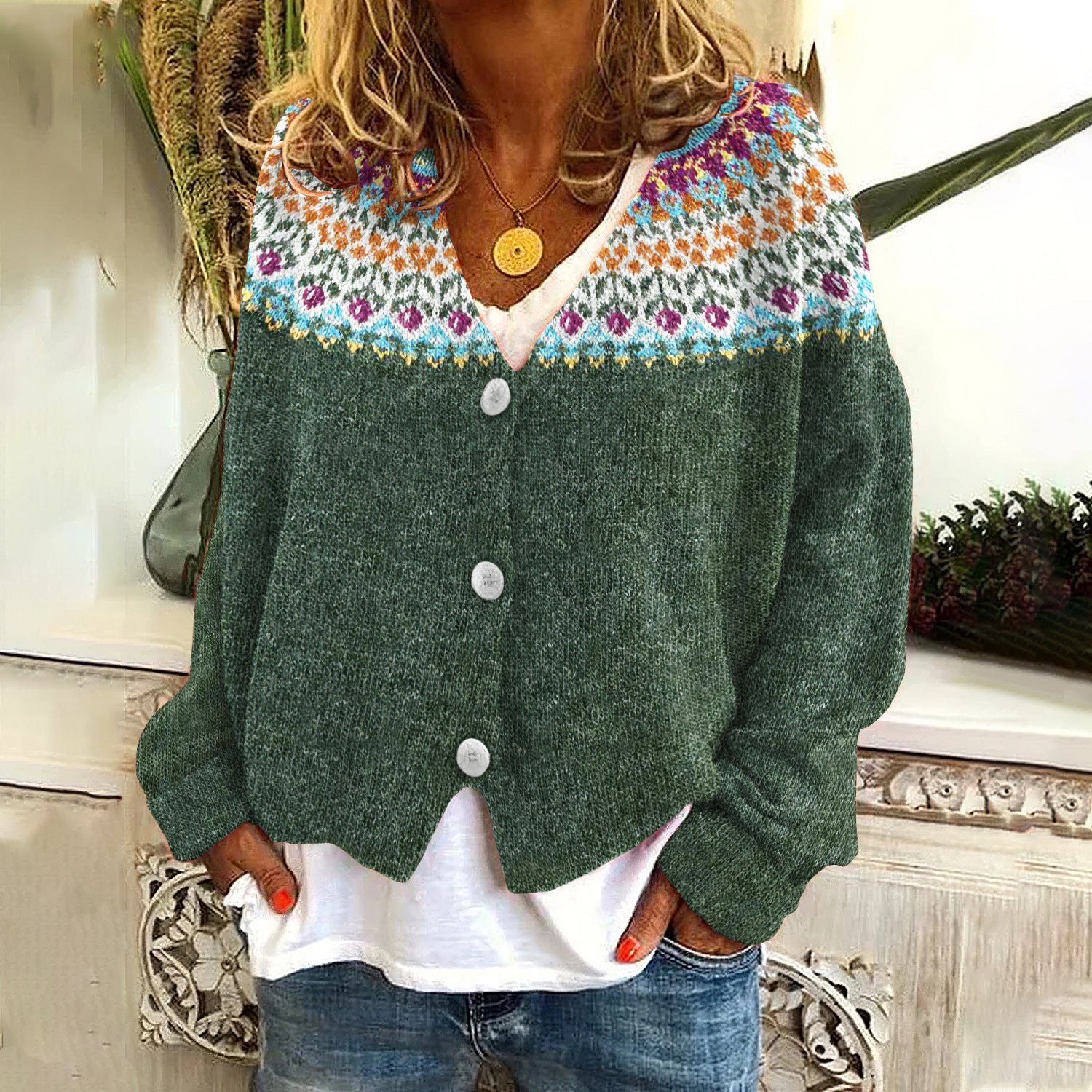 Digital Printing Thick Needle Women's Large V-neck Cardigan Short Long-sleeved Sweater product view 1