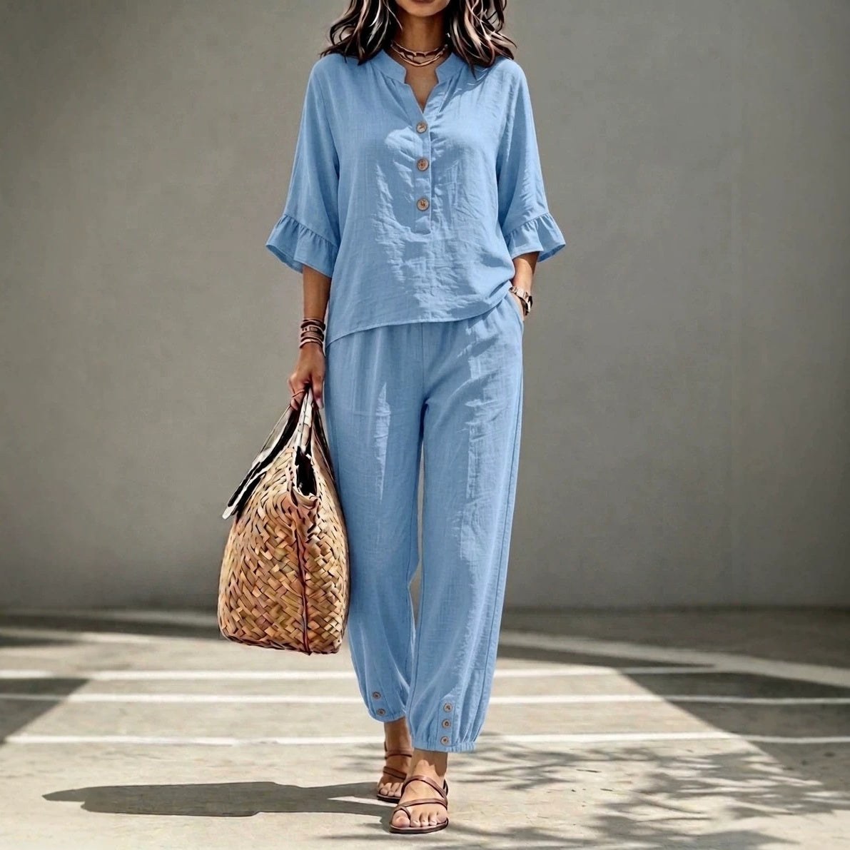 2pcs Set Women's Casual V-neck Collar Button Top Three-quarter-sleeve Top And Cropped Wide Leg Trousers Set Retro Female Office Suit product view 2