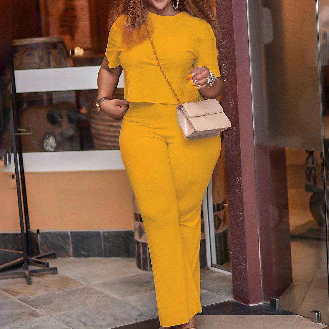 Short Sleeve Sunken Stripe Solid Color Casual Suit product view 4
