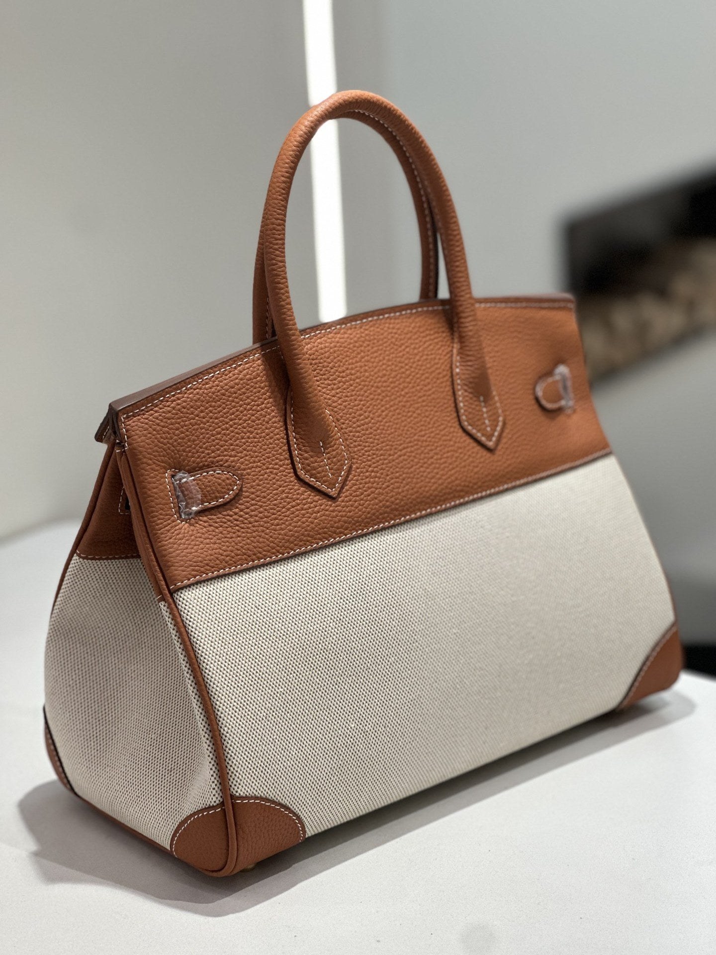 New Cross-border Genuine Leather Birkin Bag, Cowhide With Fabric Large Tote, Commuter Handbag With A High-end Kelly Bag Feel product view 7