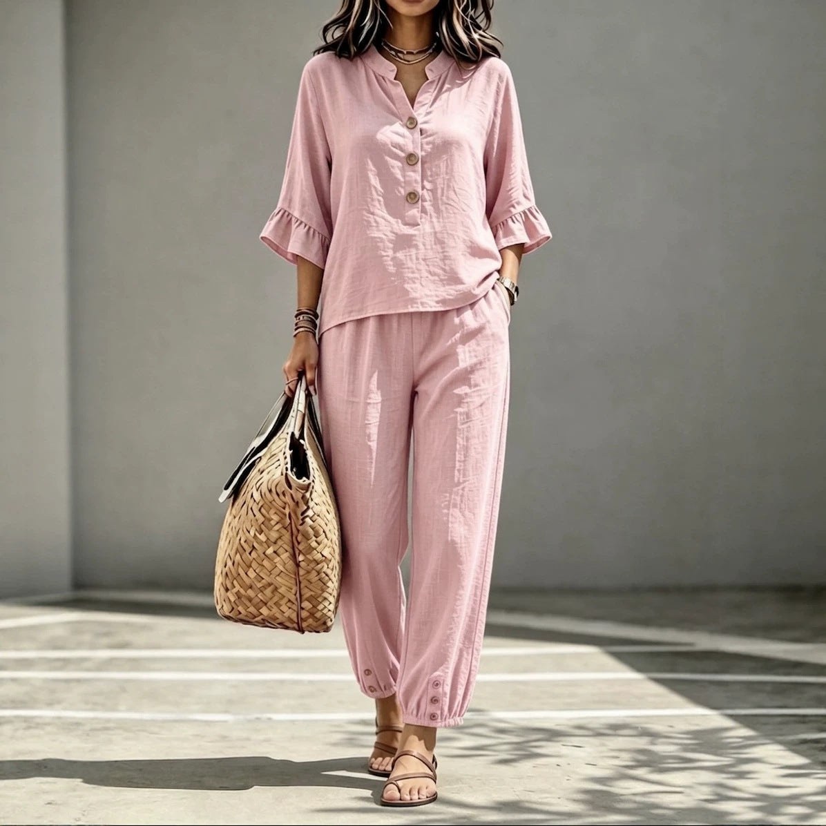 2pcs Set Women's Casual V-neck Collar Button Top Three-quarter-sleeve Top And Cropped Wide Leg Trousers Set Retro Female Office Suit product view 5
