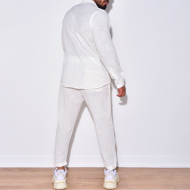 Men's Long Sleeve Suits Solid Color V-neck Pullover Tops And Straight Pants Casual Two Piece Set For Daily Wear Clothing product view 2