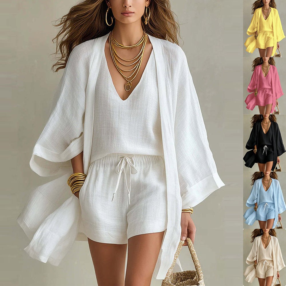 3pcs Suits Mid-length Cardigan Sleeveless Vest And Shorts Set Women's Casual Three-piece Outfit For Daily Wear product view 1