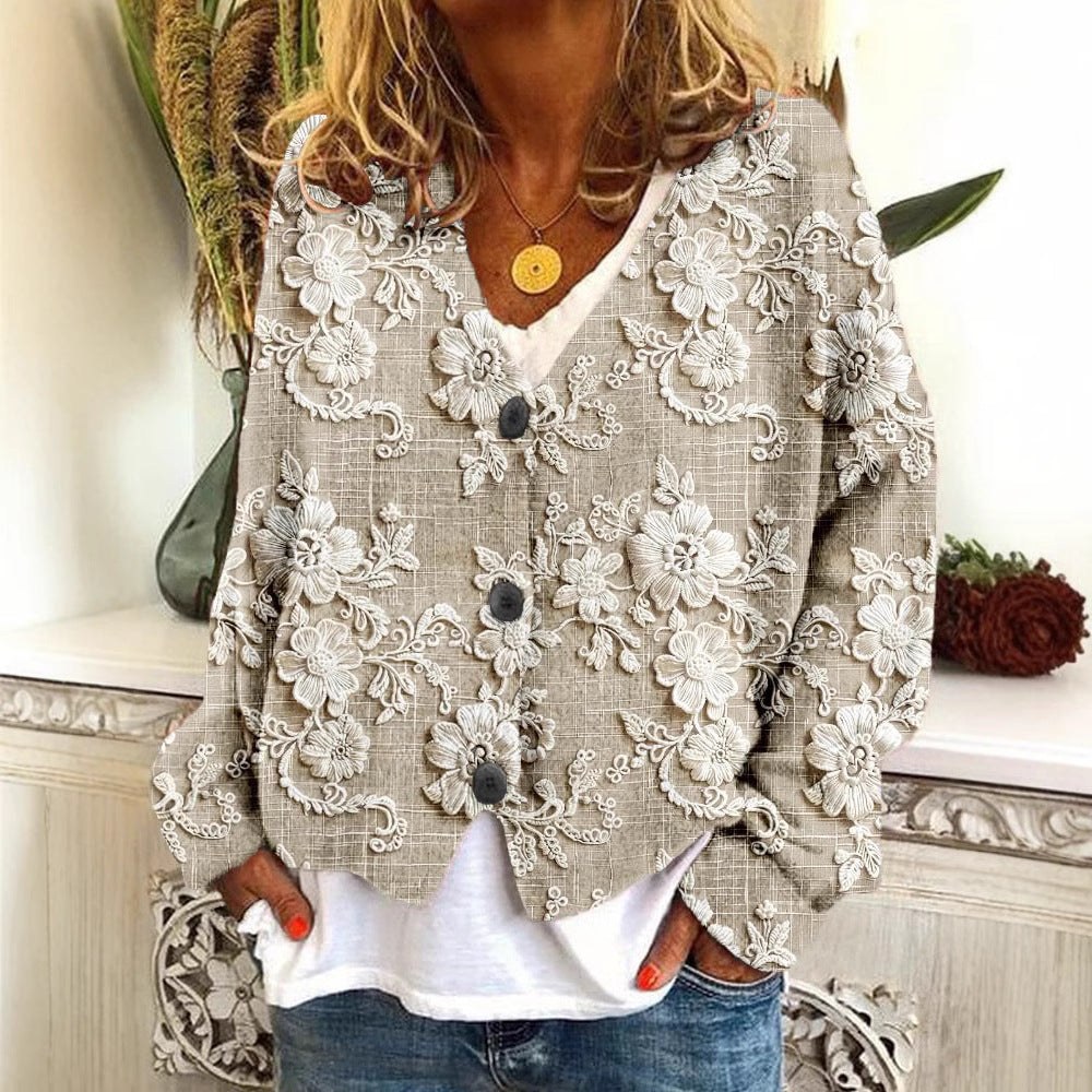 Digital Printing Thick Needle Women's Large V-neck Cardigan Short Long-sleeved Sweater product view 7