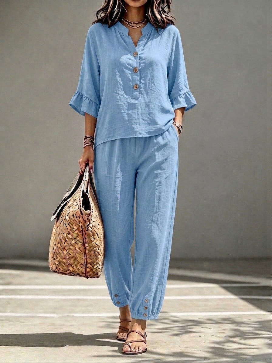 2pcs Set Women's Casual V-neck Collar Button Top Three-quarter-sleeve Top And Cropped Wide Leg Trousers Set Retro Female Office Suit product view 7