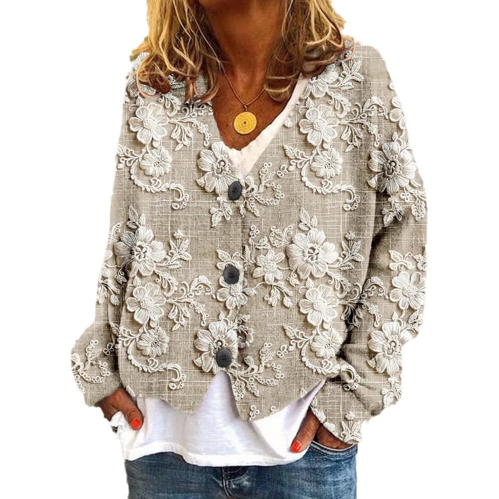 Digital Printing Thick Needle Women's Large V-neck Cardigan Short Long-sleeved Sweater product view 2
