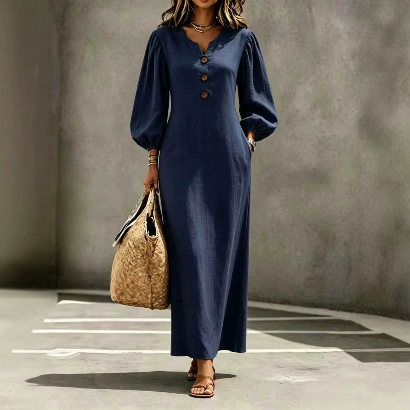 Casual V-neck Buttoned Long Dersses For Women Spring Summer Puff-sleeve A-line Dress For Daily Wear Vacation Outfits product view 4