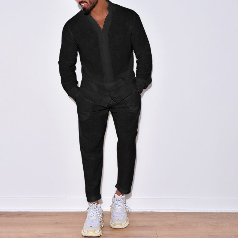Men's Long Sleeve Suits Solid Color V-neck Pullover Tops And Straight Pants Casual Two Piece Set For Daily Wear Clothing product view 3