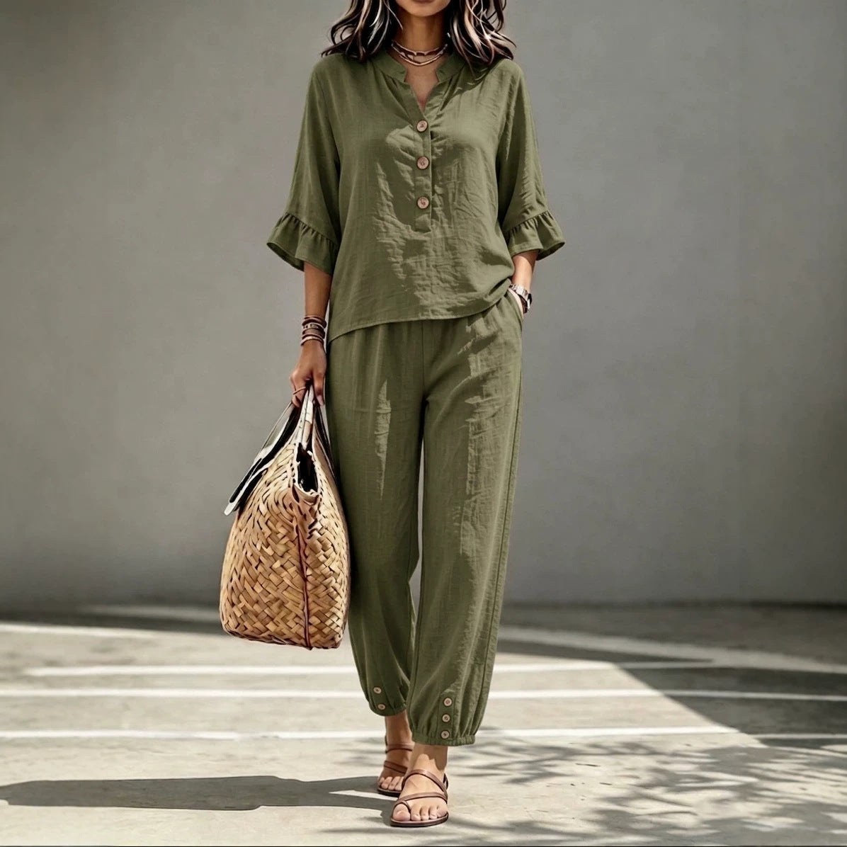 2pcs Set Women's Casual V-neck Collar Button Top Three-quarter-sleeve Top And Cropped Wide Leg Trousers Set Retro Female Office Suit product view 4