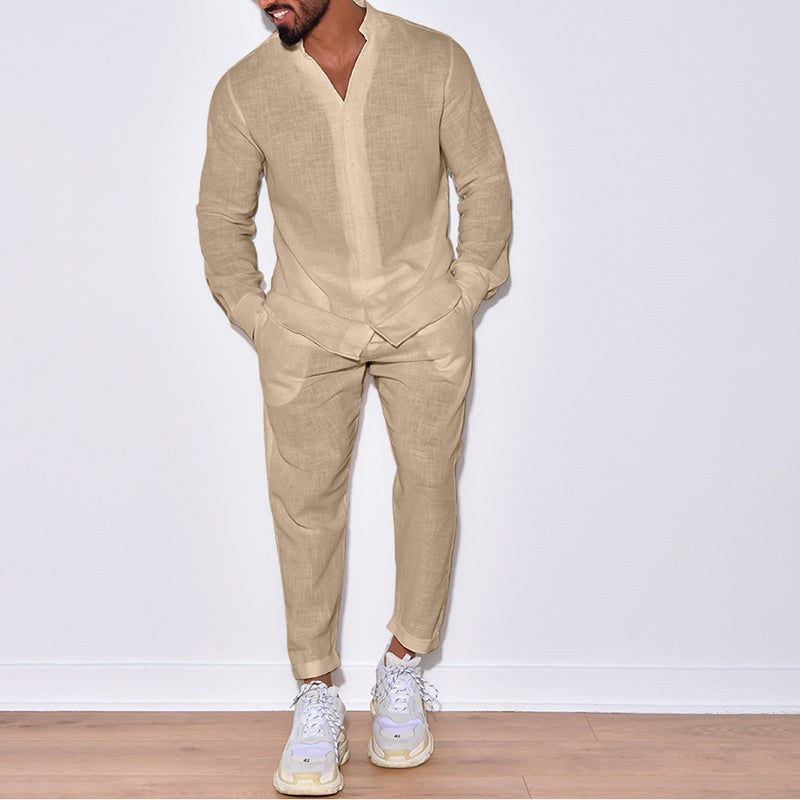 Men's Long Sleeve Suits Solid Color V-neck Pullover Tops And Straight Pants Casual Two Piece Set For Daily Wear Clothing product view 4