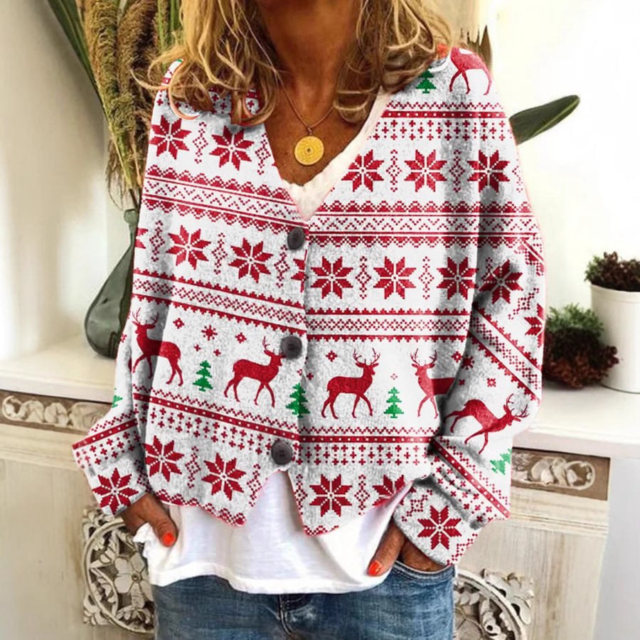 Digital Printing Thick Needle Women's Large V-neck Cardigan Short Long-sleeved Sweater product view 4