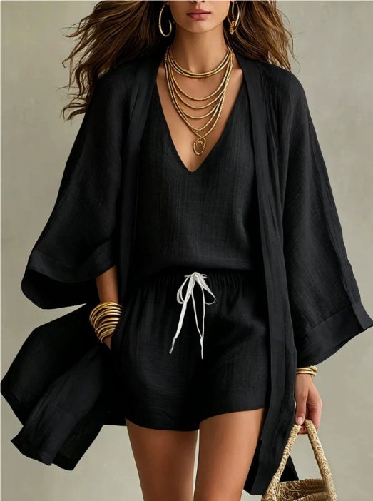 3pcs Suits Mid-length Cardigan Sleeveless Vest And Shorts Set Women's Casual Three-piece Outfit For Daily Wear product view 8