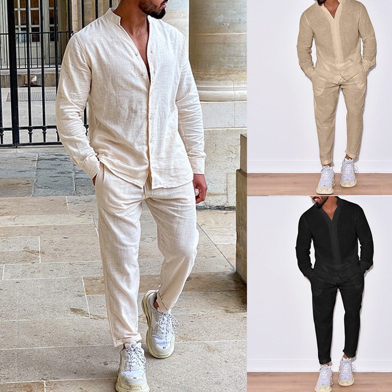 Men's Long Sleeve Suits Solid Color V-neck Pullover Tops And Straight Pants Casual Two Piece Set For Daily Wear Clothing product view 1
