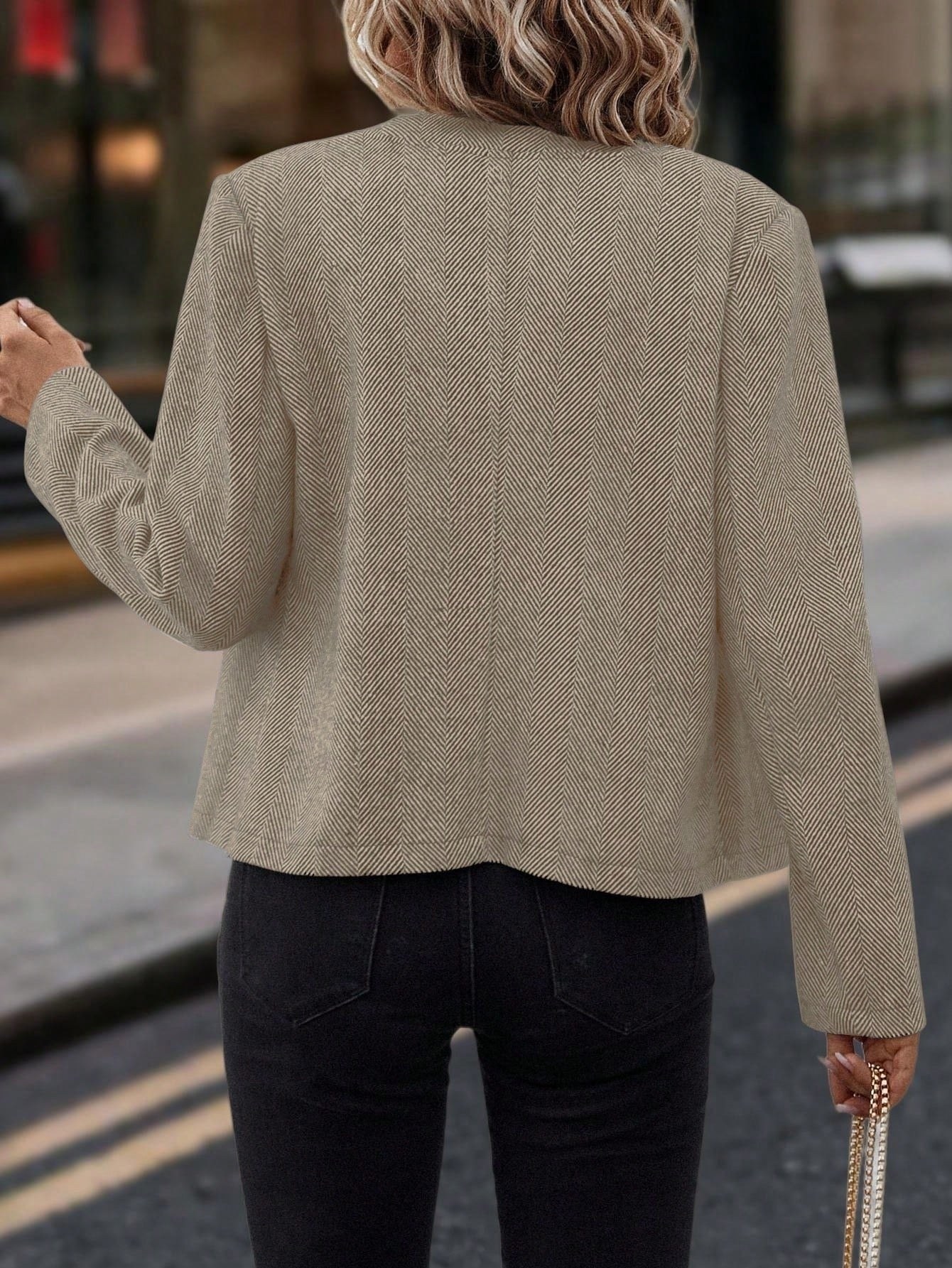 Spring And Autumn Leisure, Commuting Outfit, Herringbone Coat, Round Neck Long Sleeve Fitted Jacket, Double-breasted Metal Buttons. product view 2