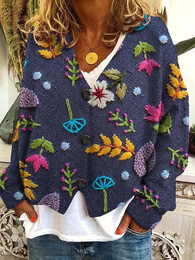 Digital Printing Thick Needle Women's Large V-neck Cardigan Short Long-sleeved Sweater product view 8