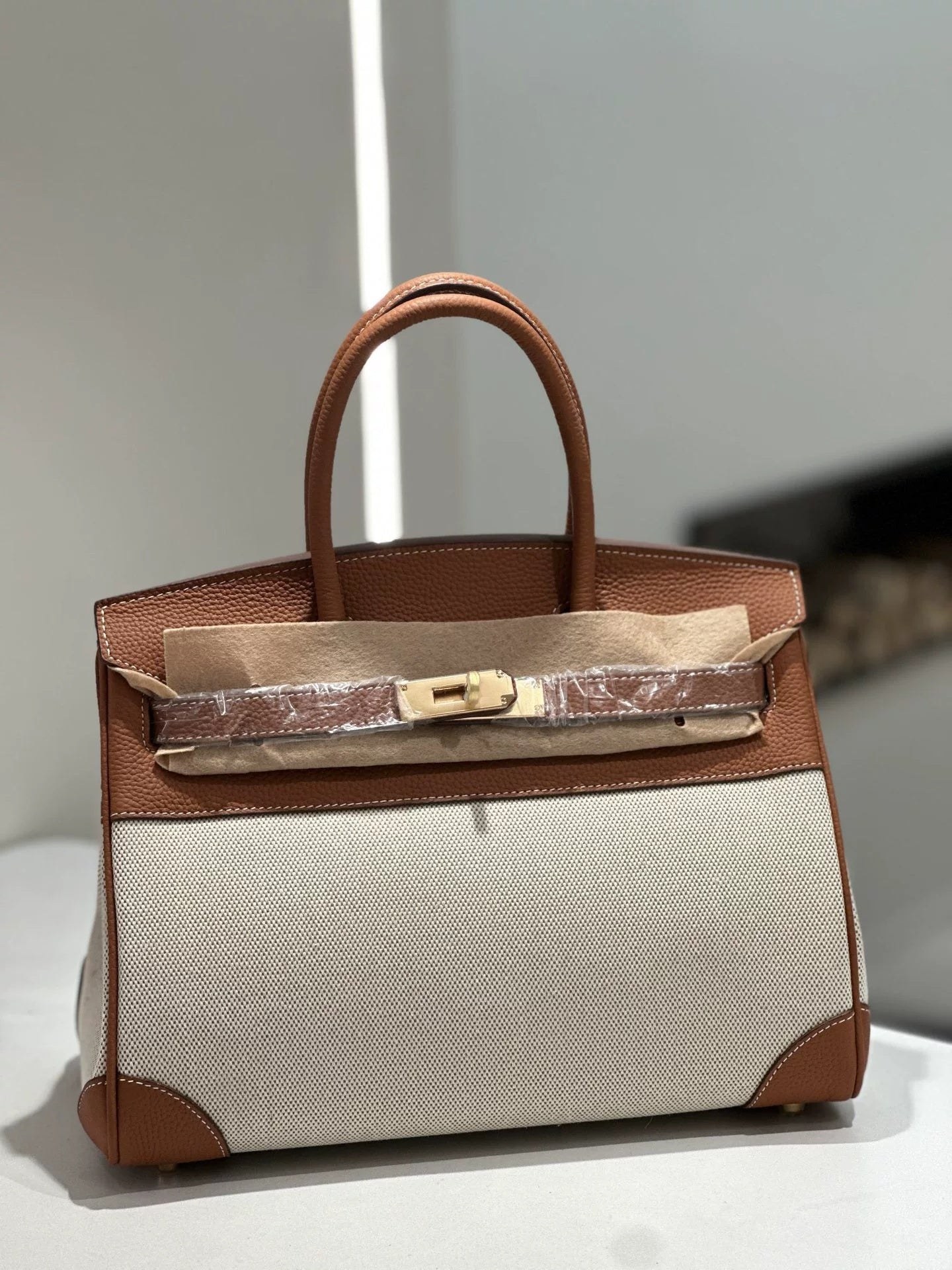 New Cross-border Genuine Leather Birkin Bag, Cowhide With Fabric Large Tote, Commuter Handbag With A High-end Kelly Bag Feel product view 2