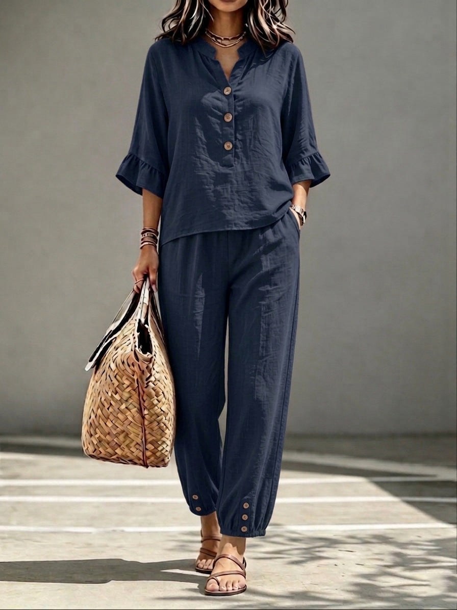 2pcs Set Women's Casual V-neck Collar Button Top Three-quarter-sleeve Top And Cropped Wide Leg Trousers Set Retro Female Office Suit product view 11