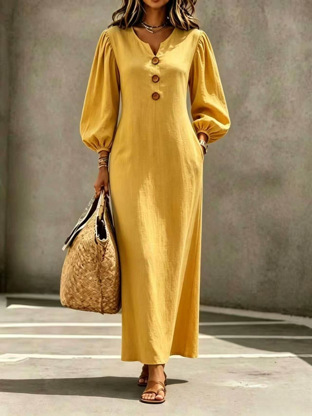 Casual V-neck Buttoned Long Dersses For Women Spring Summer Puff-sleeve A-line Dress For Daily Wear Vacation Outfits product view 7