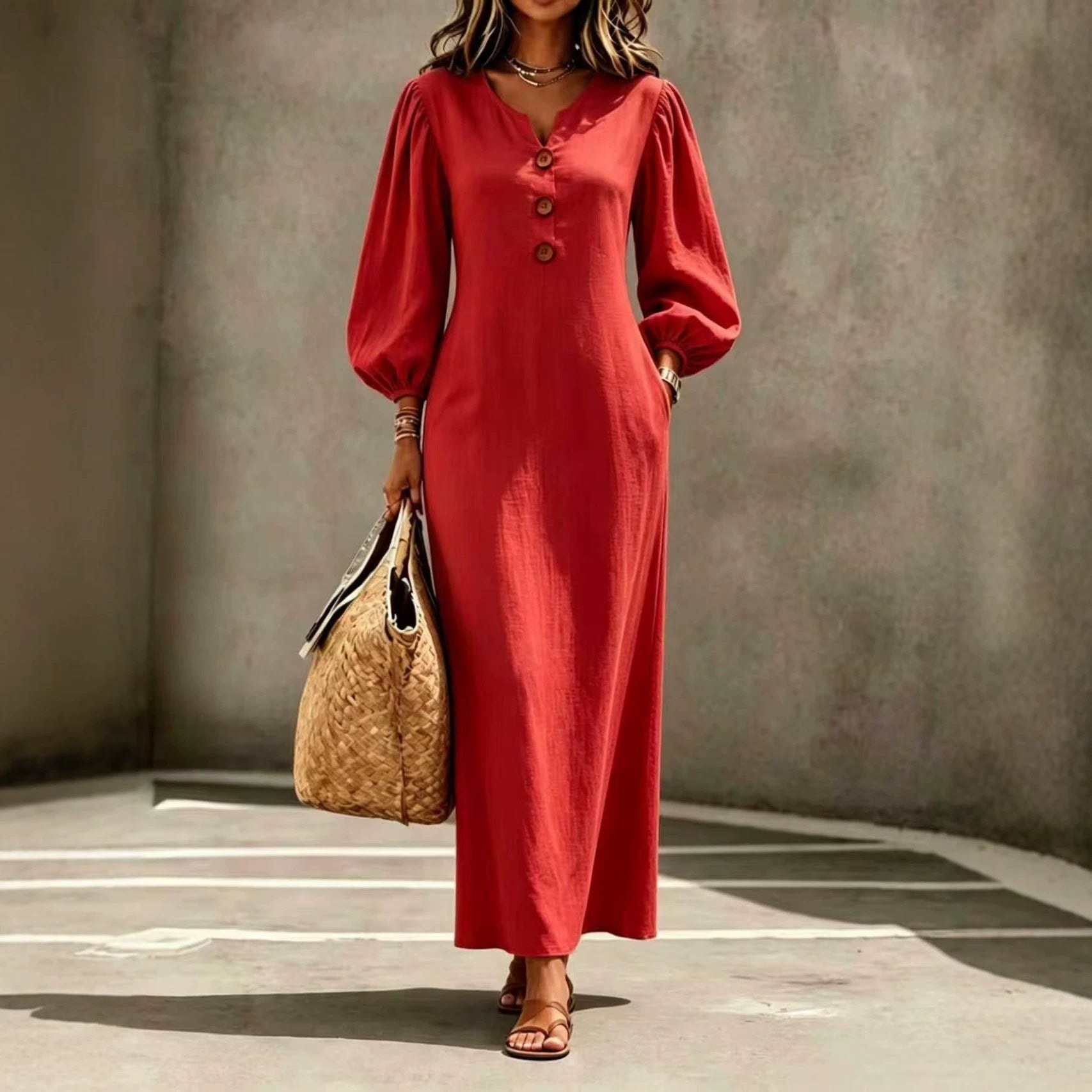 Casual V-neck Buttoned Long Dersses For Women Spring Summer Puff-sleeve A-line Dress For Daily Wear Vacation Outfits product view 3