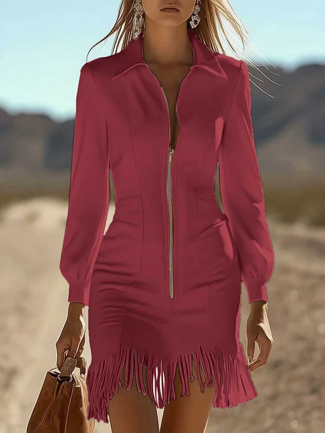 Womens Western-style Suede Fringed Slim-fit Dress Pencil Mini Dress Long Sleeve Collared Zip Front Bodycon Gown Elegant Party Outfit Dating & Events product view 9