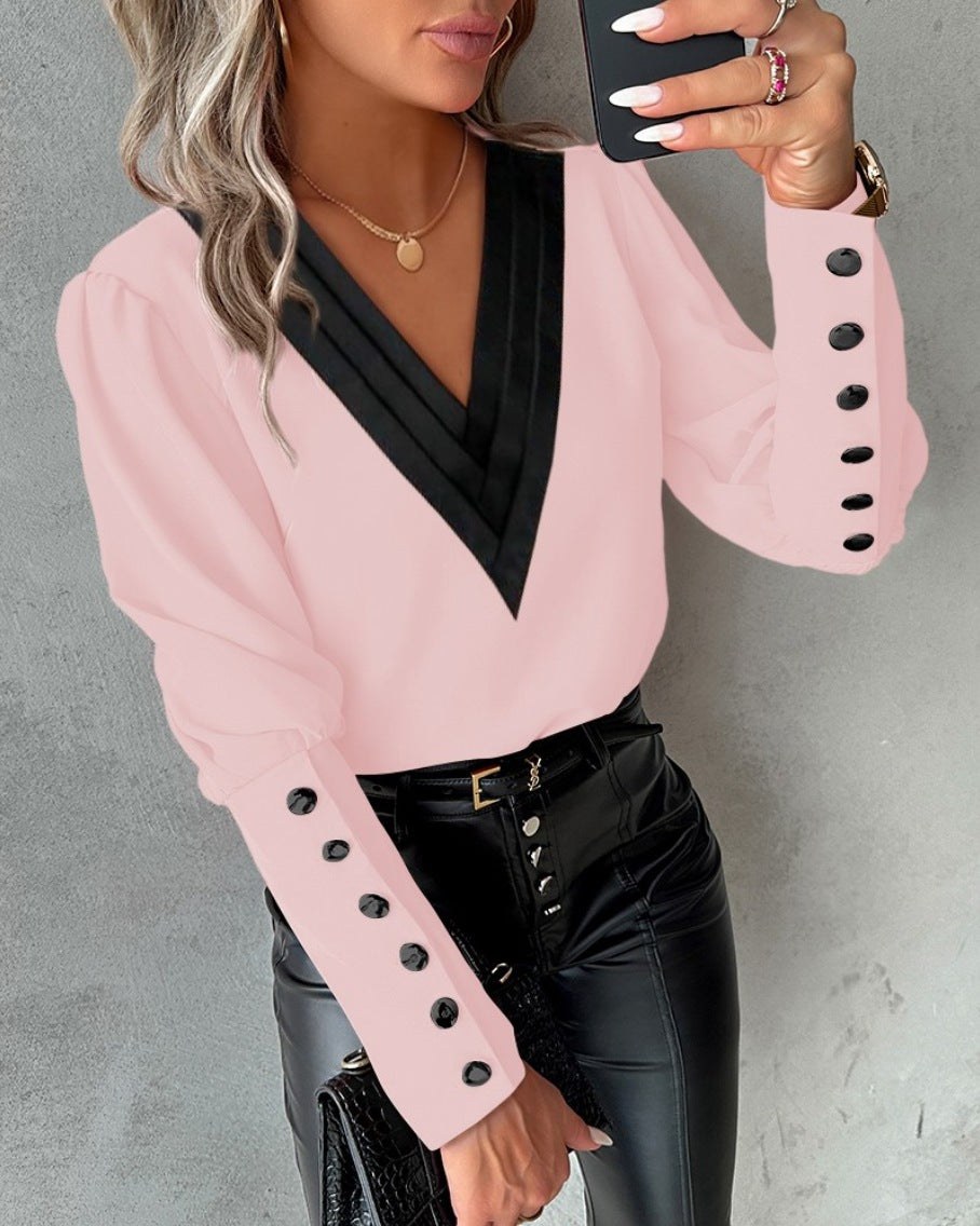 Autumn Fashion V-neck Solid Color Long Sleeve Button Ladies Shirt Blouse product view 1
