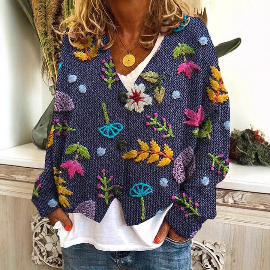 Digital Printing Thick Needle Women's Large V-neck Cardigan Short Long-sleeved Sweater product view 3