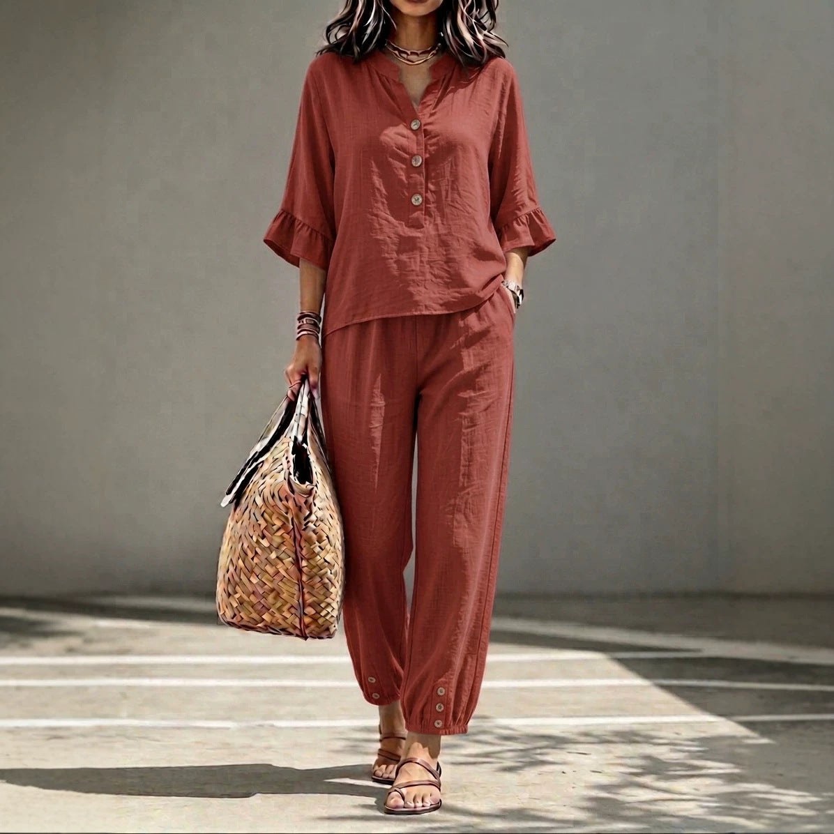 2pcs Set Women's Casual V-neck Collar Button Top Three-quarter-sleeve Top And Cropped Wide Leg Trousers Set Retro Female Office Suit product view 3