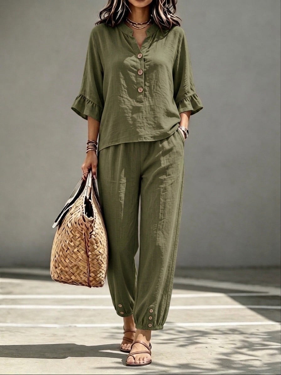 2pcs Set Women's Casual V-neck Collar Button Top Three-quarter-sleeve Top And Cropped Wide Leg Trousers Set Retro Female Office Suit product view 12