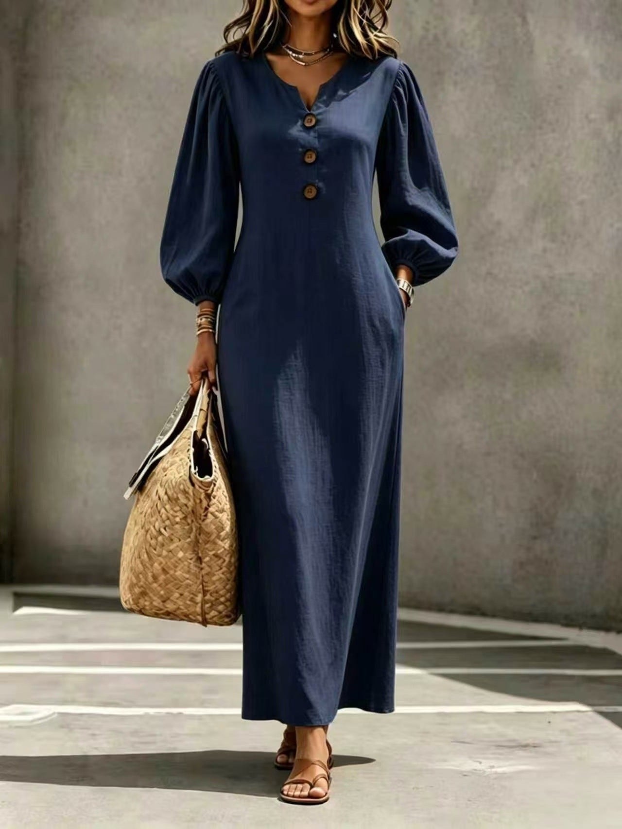 Casual V-neck Buttoned Long Dersses For Women Spring Summer Puff-sleeve A-line Dress For Daily Wear Vacation Outfits product view 9