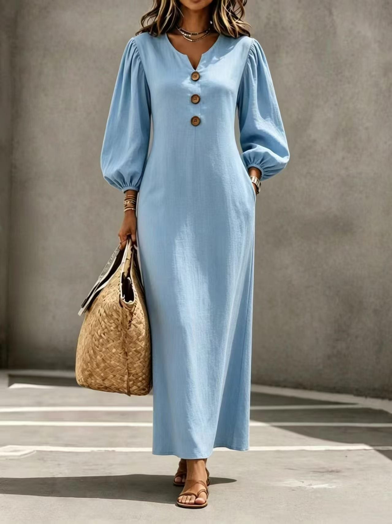 Casual V-neck Buttoned Long Dersses For Women Spring Summer Puff-sleeve A-line Dress For Daily Wear Vacation Outfits product view 11