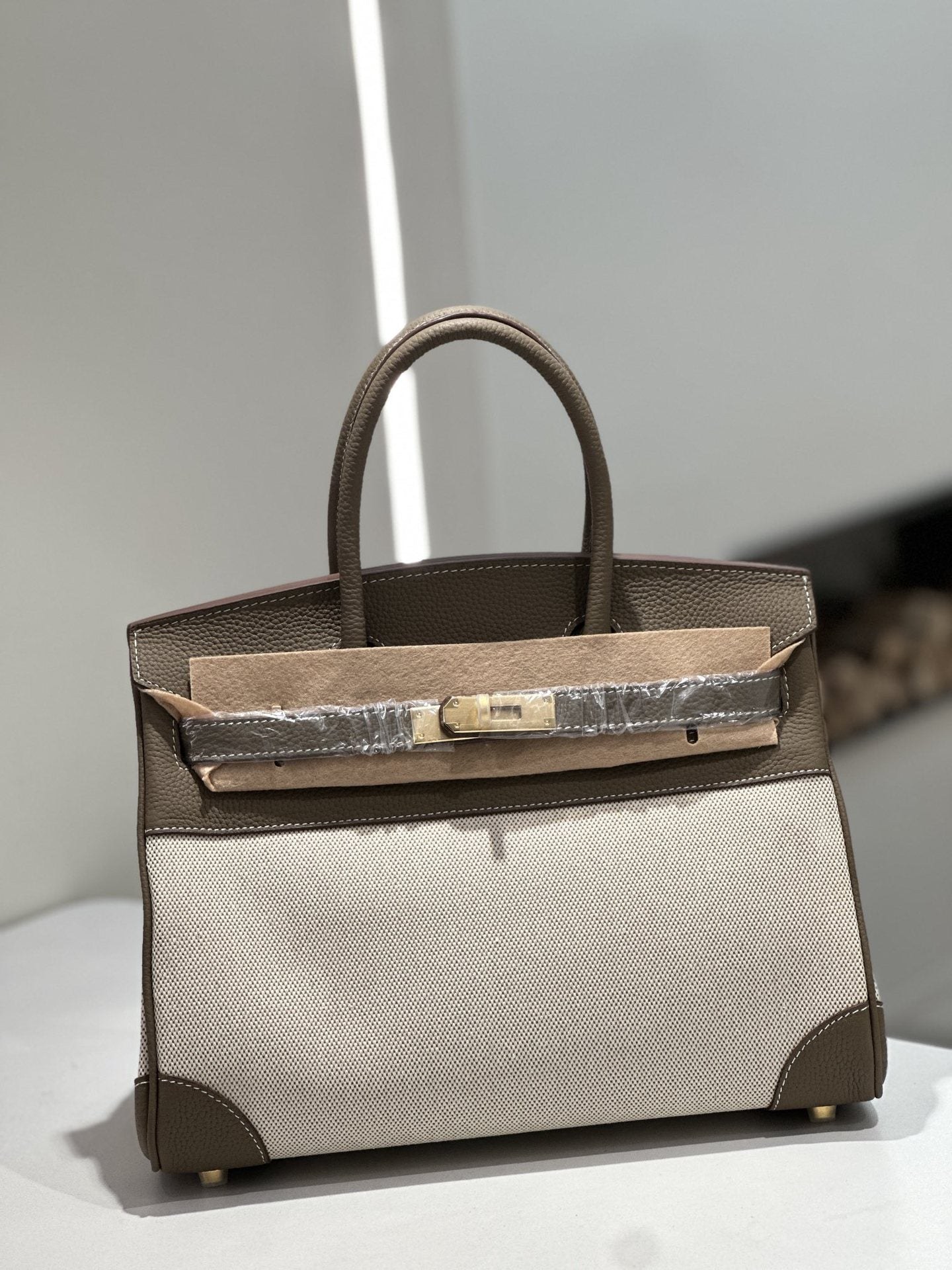 New Cross-border Genuine Leather Birkin Bag, Cowhide With Fabric Large Tote, Commuter Handbag With A High-end Kelly Bag Feel product view 1