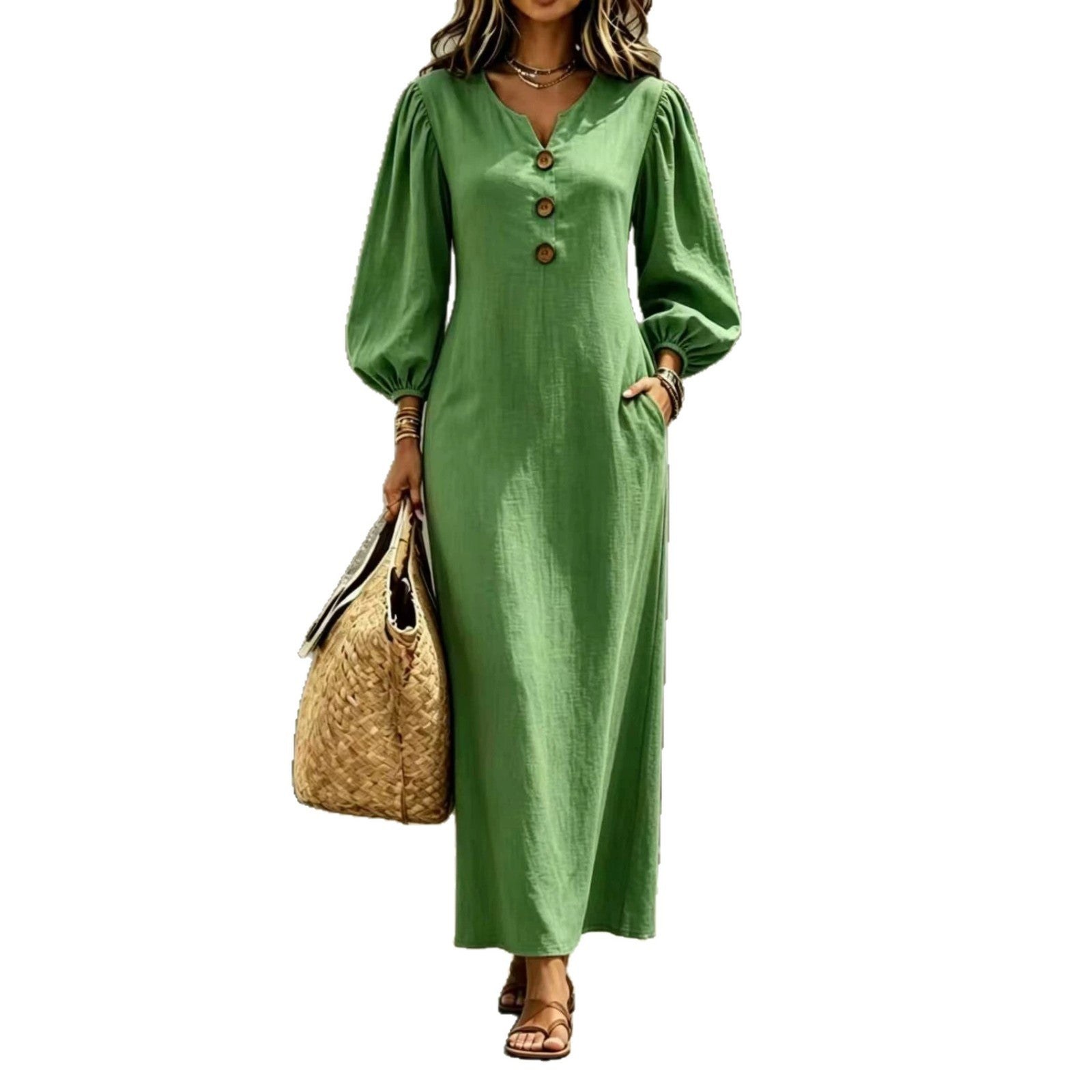 Casual V-neck Buttoned Long Dersses For Women Spring Summer Puff-sleeve A-line Dress For Daily Wear Vacation Outfits product view 6