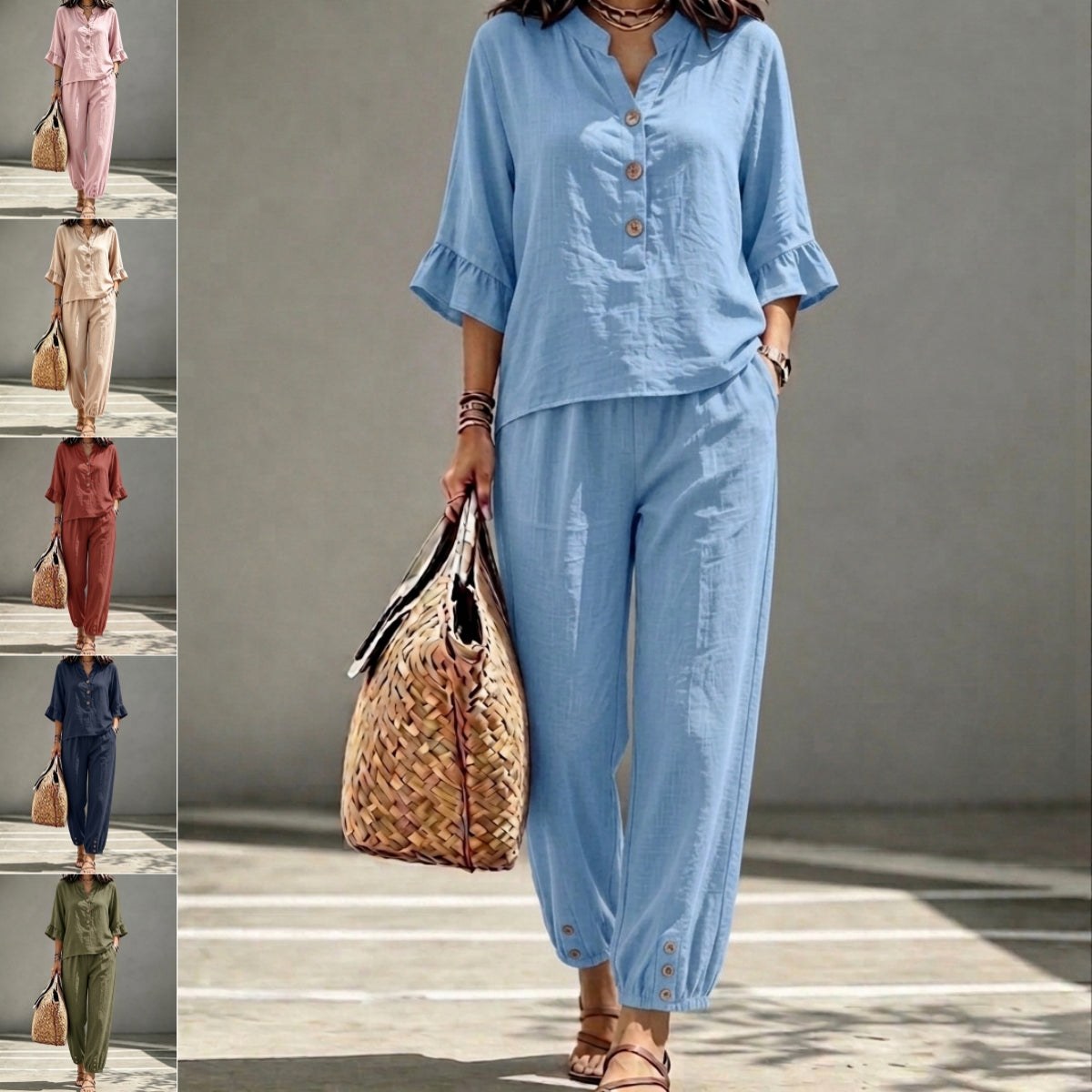 2pcs Set Women's Casual V-neck Collar Button Top Three-quarter-sleeve Top And Cropped Wide Leg Trousers Set Retro Female Office Suit product view 1
