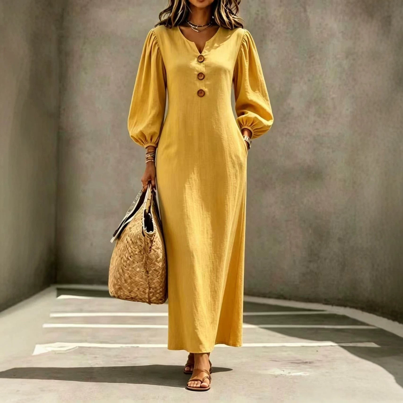 Casual V-neck Buttoned Long Dersses For Women Spring Summer Puff-sleeve A-line Dress For Daily Wear Vacation Outfits product view 2