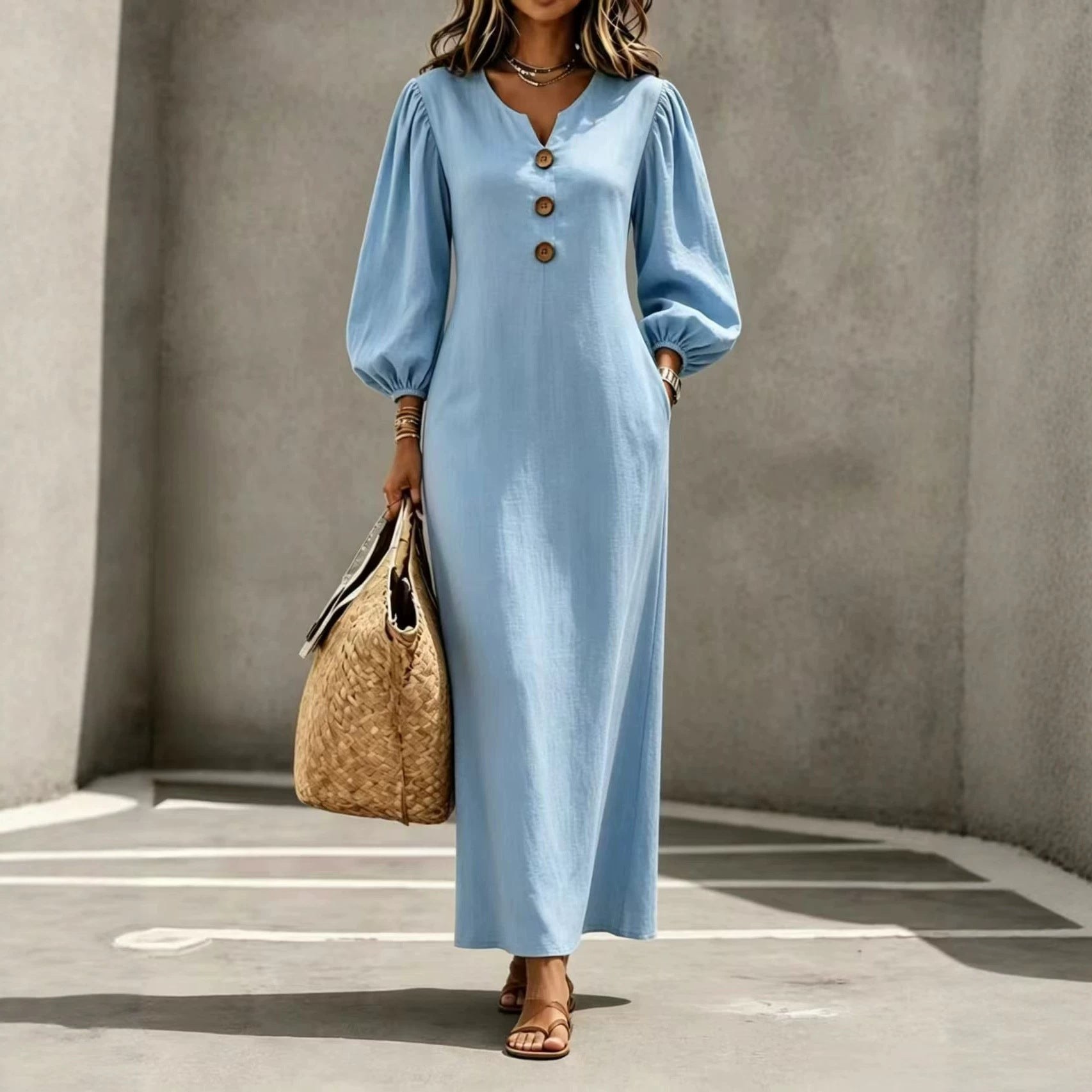 Casual V-neck Buttoned Long Dersses For Women Spring Summer Puff-sleeve A-line Dress For Daily Wear Vacation Outfits product view 5