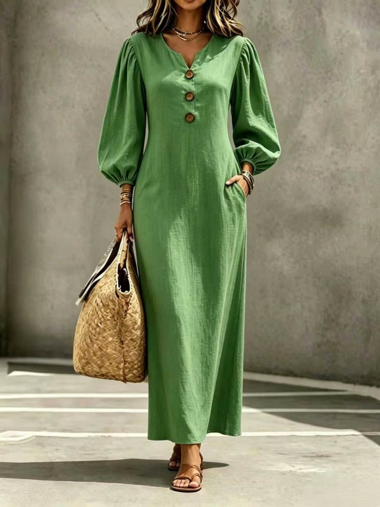 Casual V-neck Buttoned Long Dersses For Women Spring Summer Puff-sleeve A-line Dress For Daily Wear Vacation Outfits product view 10