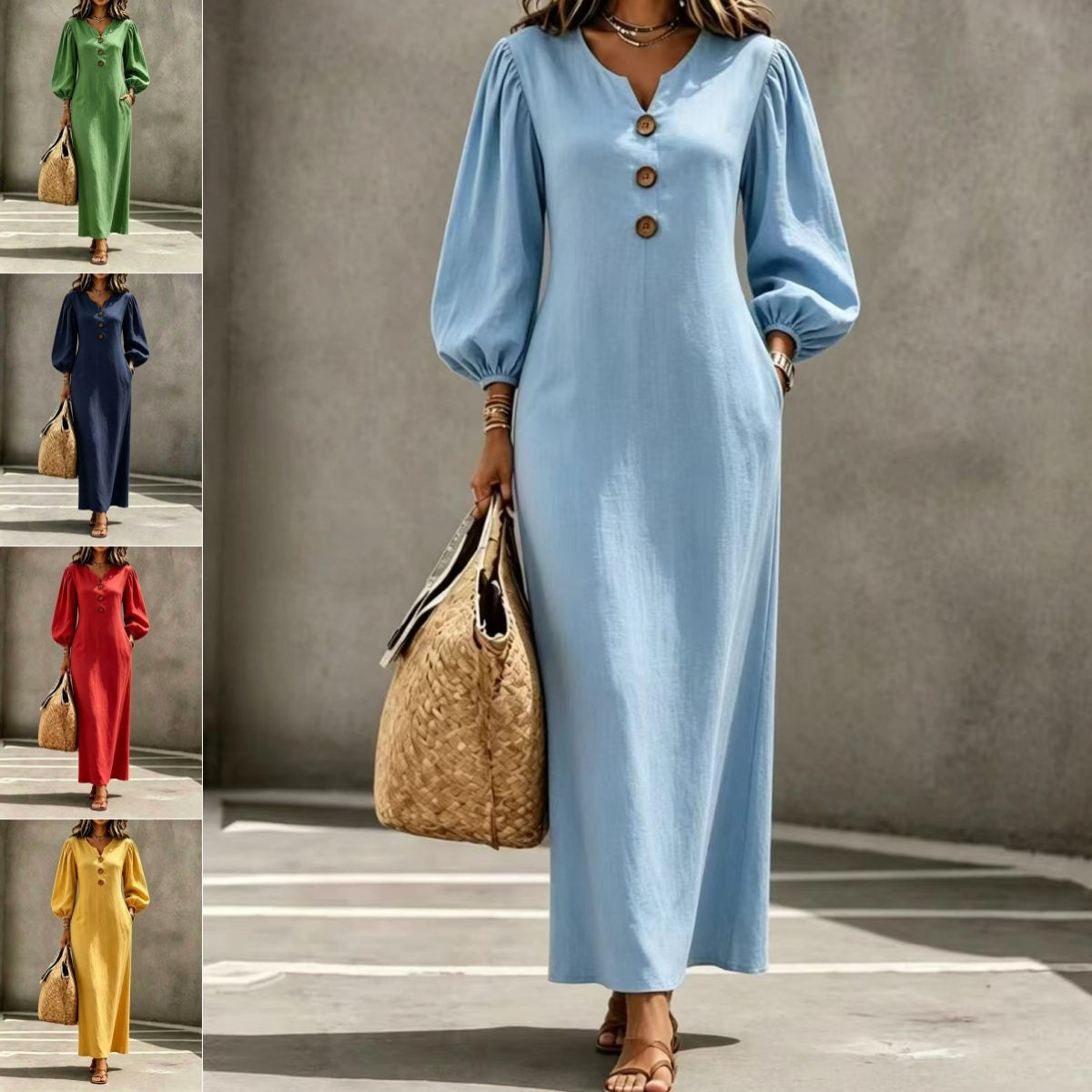 Casual V-neck Buttoned Long Dersses For Women Spring Summer Puff-sleeve A-line Dress For Daily Wear Vacation Outfits product view 1