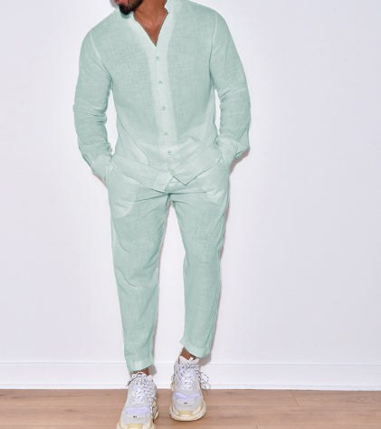 Men's Long Sleeve Suits Solid Color V-neck Pullover Tops And Straight Pants Casual Two Piece Set For Daily Wear Clothing product view 8