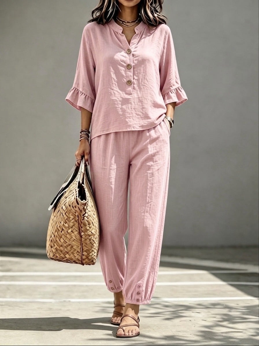 2pcs Set Women's Casual V-neck Collar Button Top Three-quarter-sleeve Top And Cropped Wide Leg Trousers Set Retro Female Office Suit product view 8