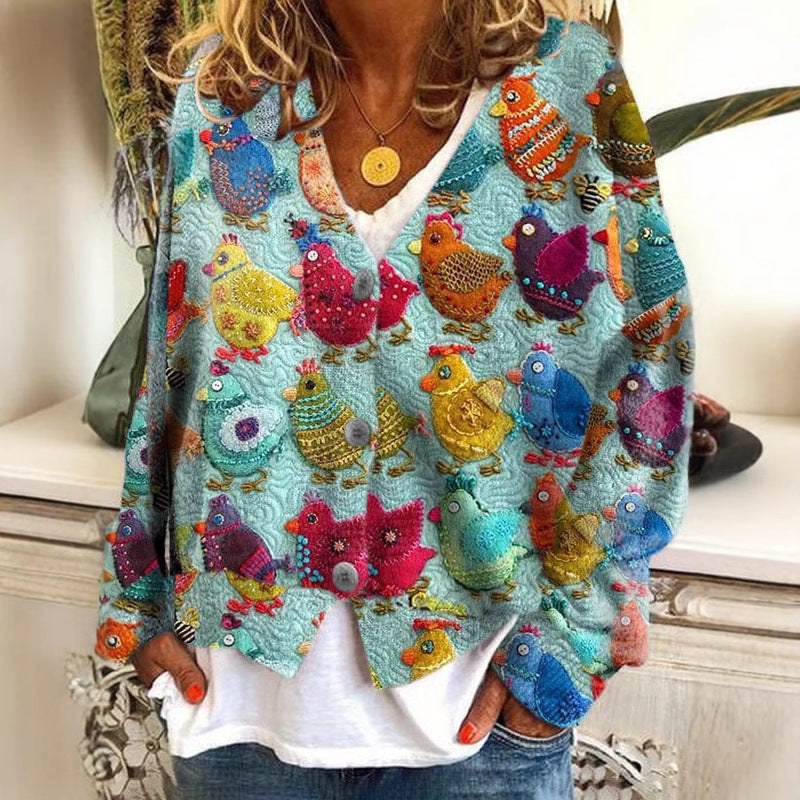 Digital Printing Thick Needle Women's Large V-neck Cardigan Short Long-sleeved Sweater product view 5