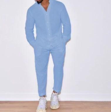 Men's Long Sleeve Suits Solid Color V-neck Pullover Tops And Straight Pants Casual Two Piece Set For Daily Wear Clothing product view 6