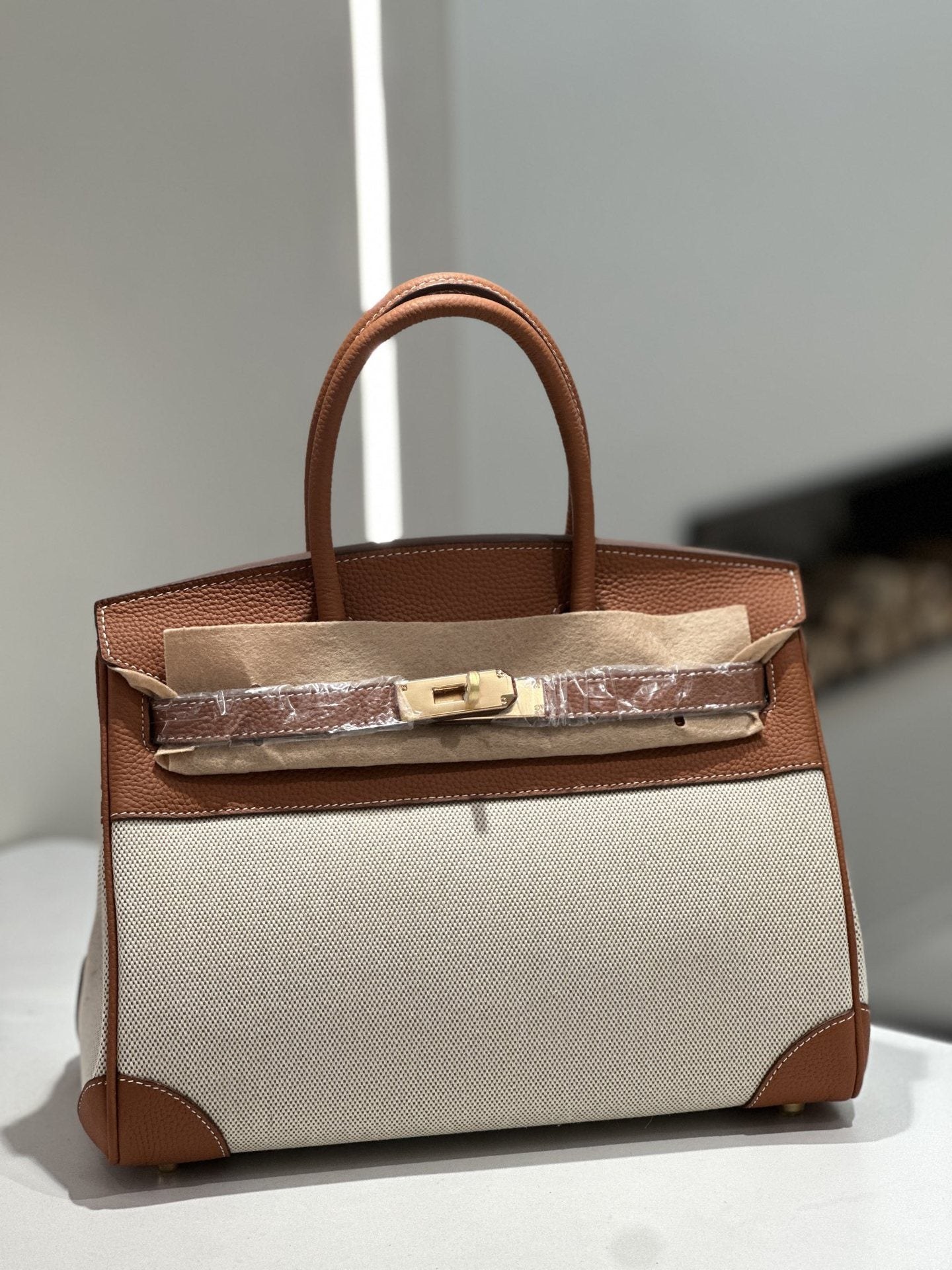 New Cross-border Genuine Leather Birkin Bag, Cowhide With Fabric Large Tote, Commuter Handbag With A High-end Kelly Bag Feel product view 5