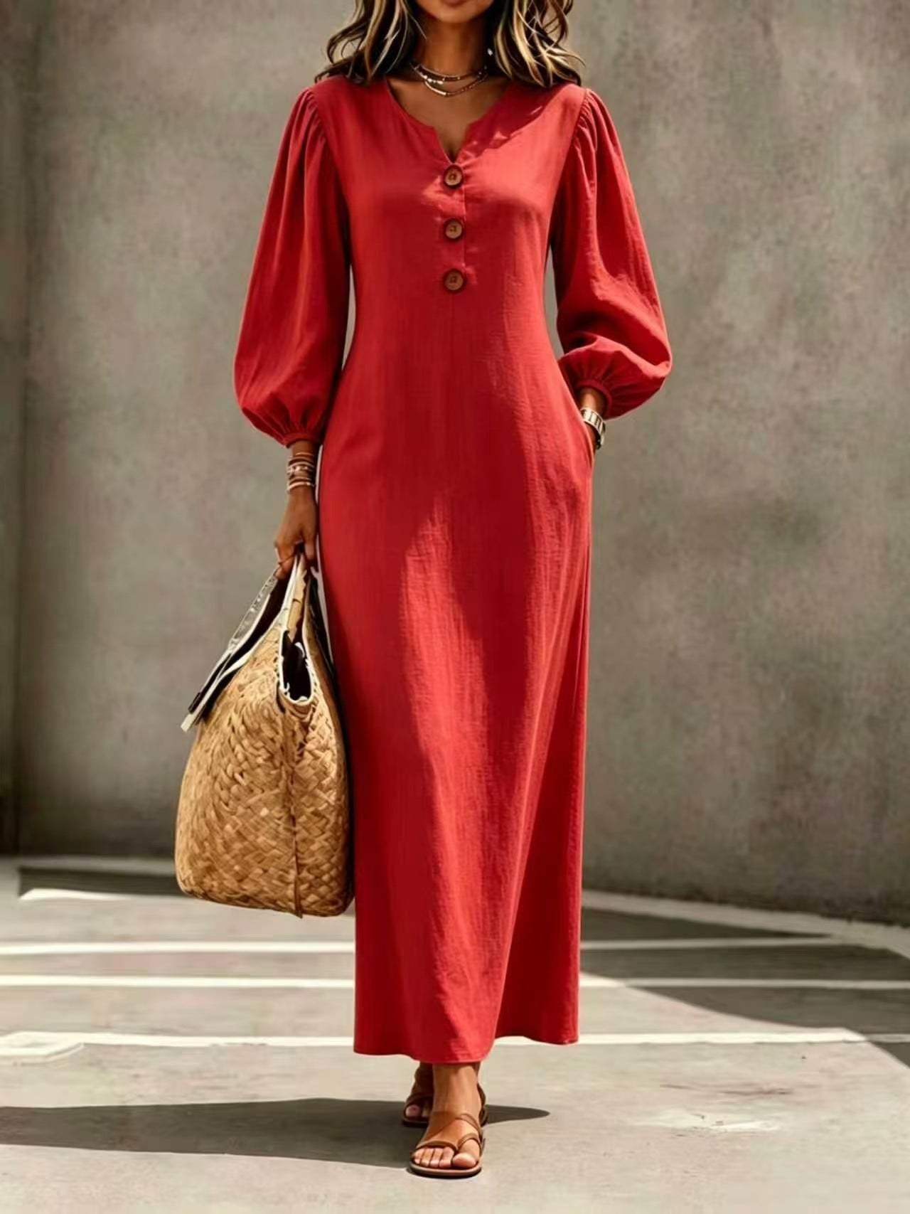 Casual V-neck Buttoned Long Dersses For Women Spring Summer Puff-sleeve A-line Dress For Daily Wear Vacation Outfits product view 8