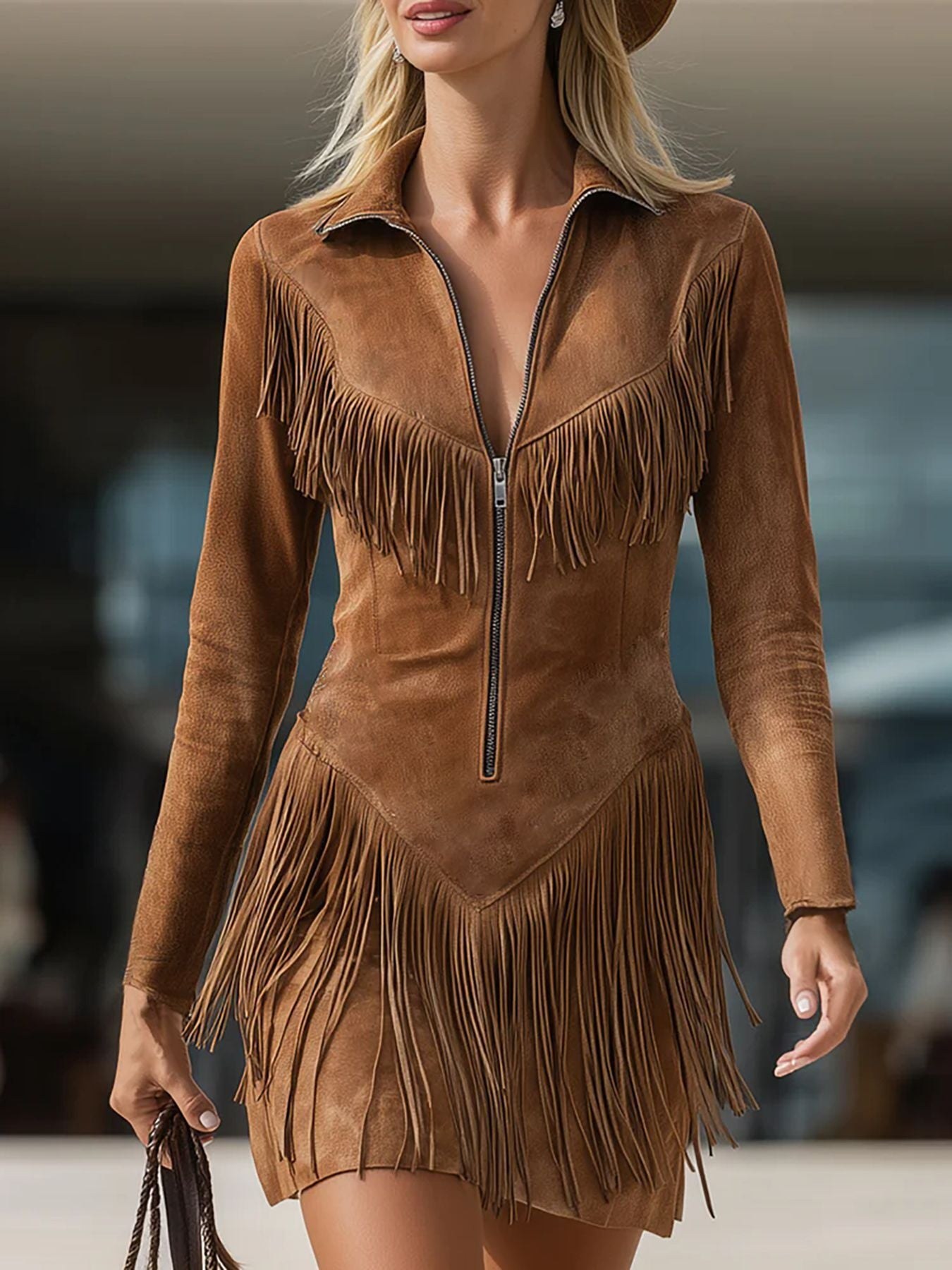 Womens Fashionable Casual Long-Sleeve Dress With Tassels Long Sleeve Suede Fringe Slim Fit Dress Western Cowboy Style Midi Length Dresses product view 5