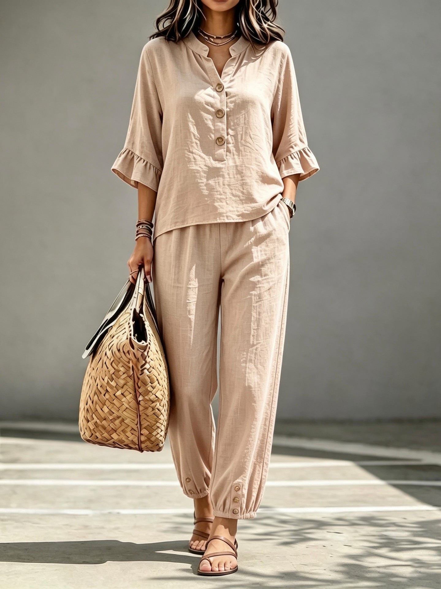 2pcs Set Women's Casual V-neck Collar Button Top Three-quarter-sleeve Top And Cropped Wide Leg Trousers Set Retro Female Office Suit product view 9
