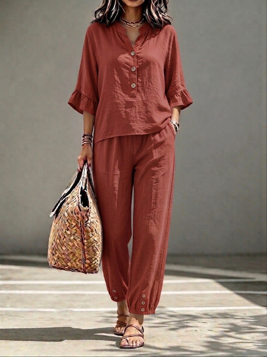 2pcs Set Women's Casual V-neck Collar Button Top Three-quarter-sleeve Top And Cropped Wide Leg Trousers Set Retro Female Office Suit product view 10