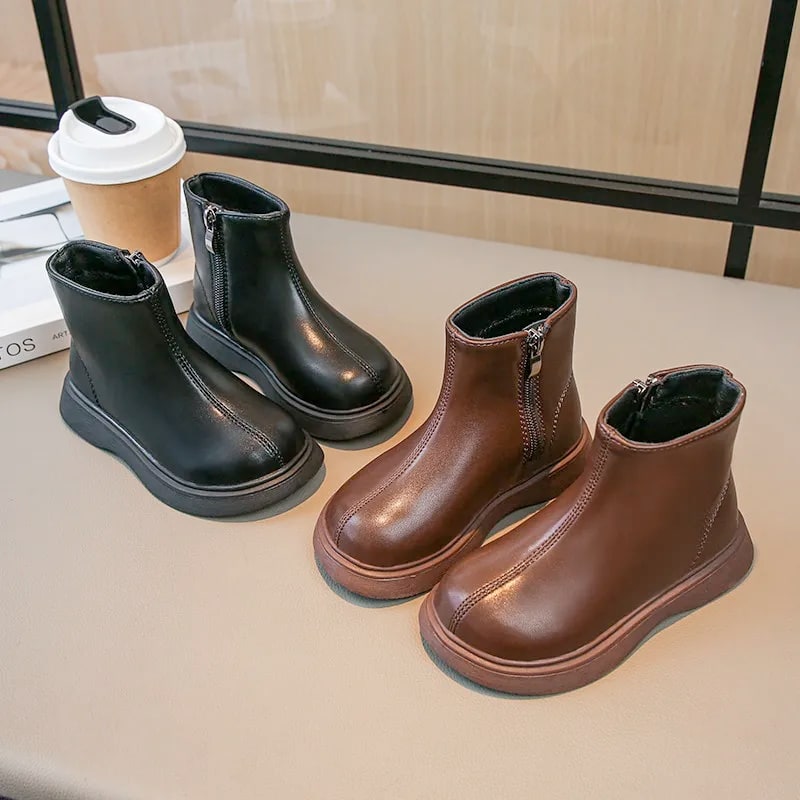 Children's Fashion Leather Ankle Boots – Waterproof Winter Side Zipper product photo