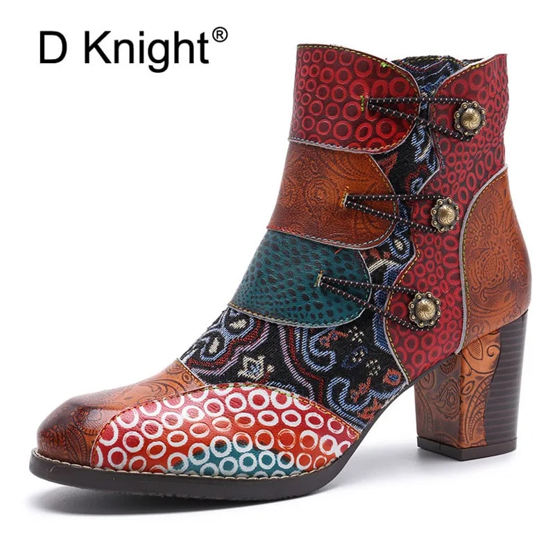 D Knight Vintage Bohemian Ankle Boots Women Shoes Genuine Leather Cowgirl Printed Zip Block High Heels Ladies Shoes Boats Mujer product photo